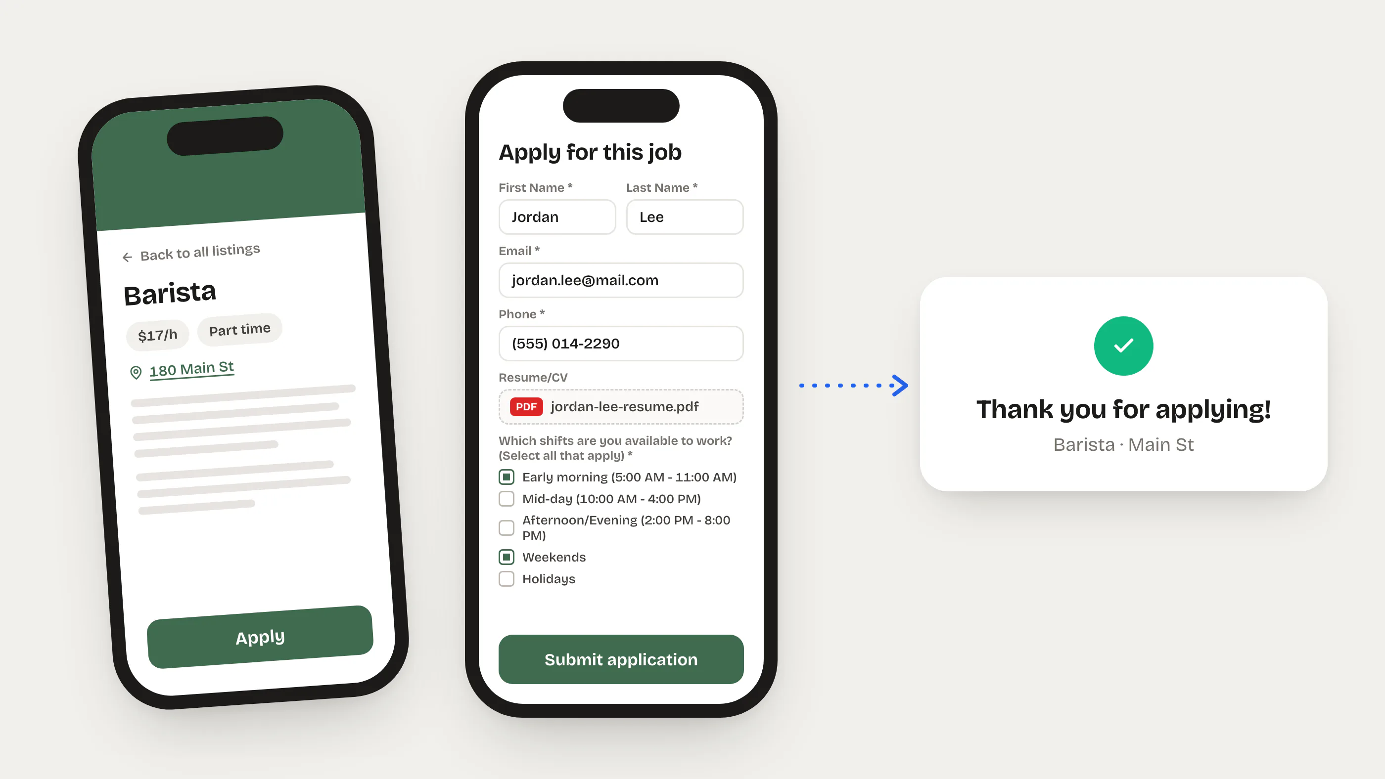Illustration of the barista listing on a phone, the Apply for this job form with a PDF resume and the shifts question, and a Thank you for applying message