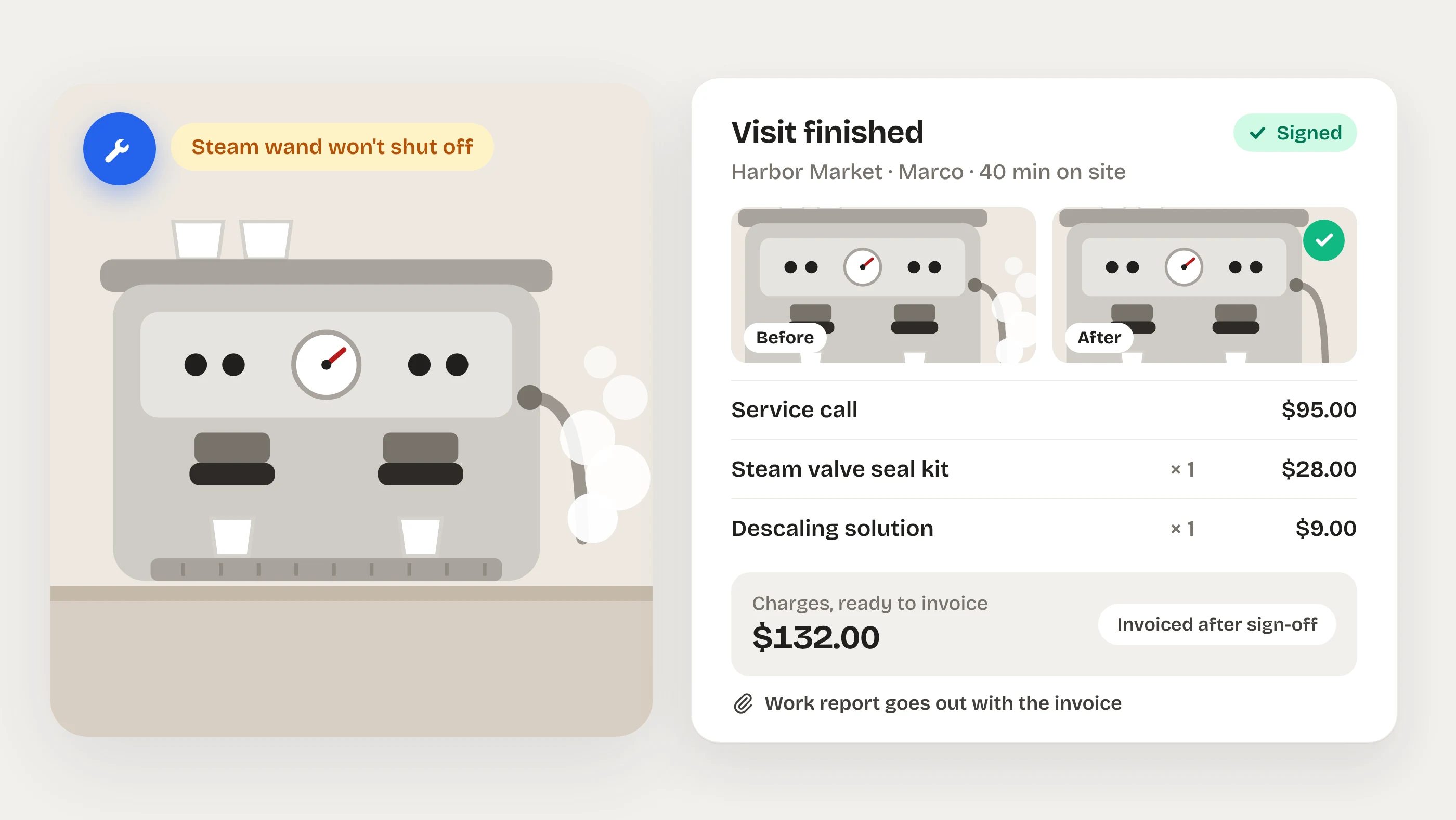 Illustration of an espresso machine with a stuck steam wand, and a finished visit with before and after photos, parts and $132 in charges