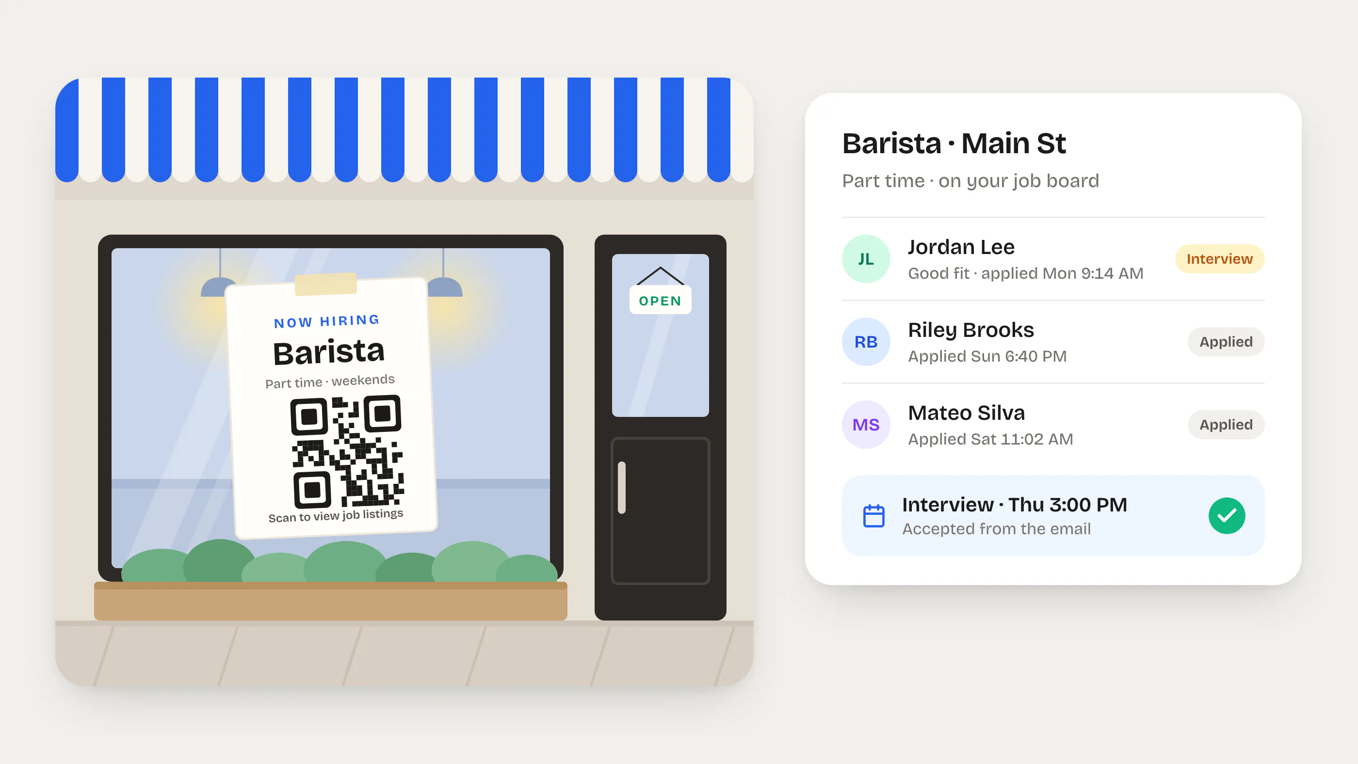 Illustration of a café window with a striped awning and a Now hiring sign for a barista with a QR code, beside the listing's applicants and an interview accepted for Thursday at 3:00 PM