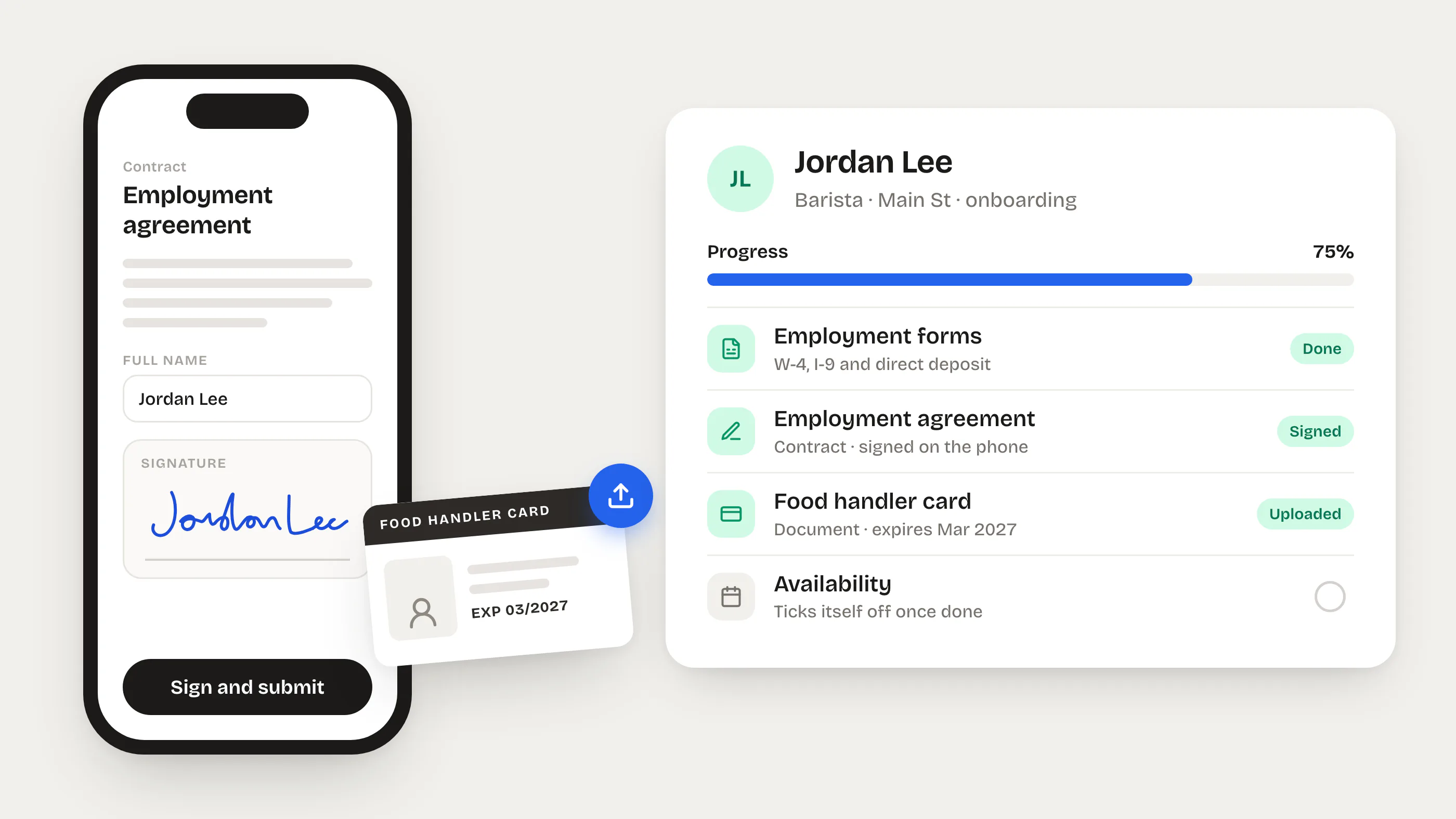 Illustration of a phone signing an employment agreement with a typed name and a drawn signature, a food handler card being uploaded, and Jordan's onboarding guide at 75%