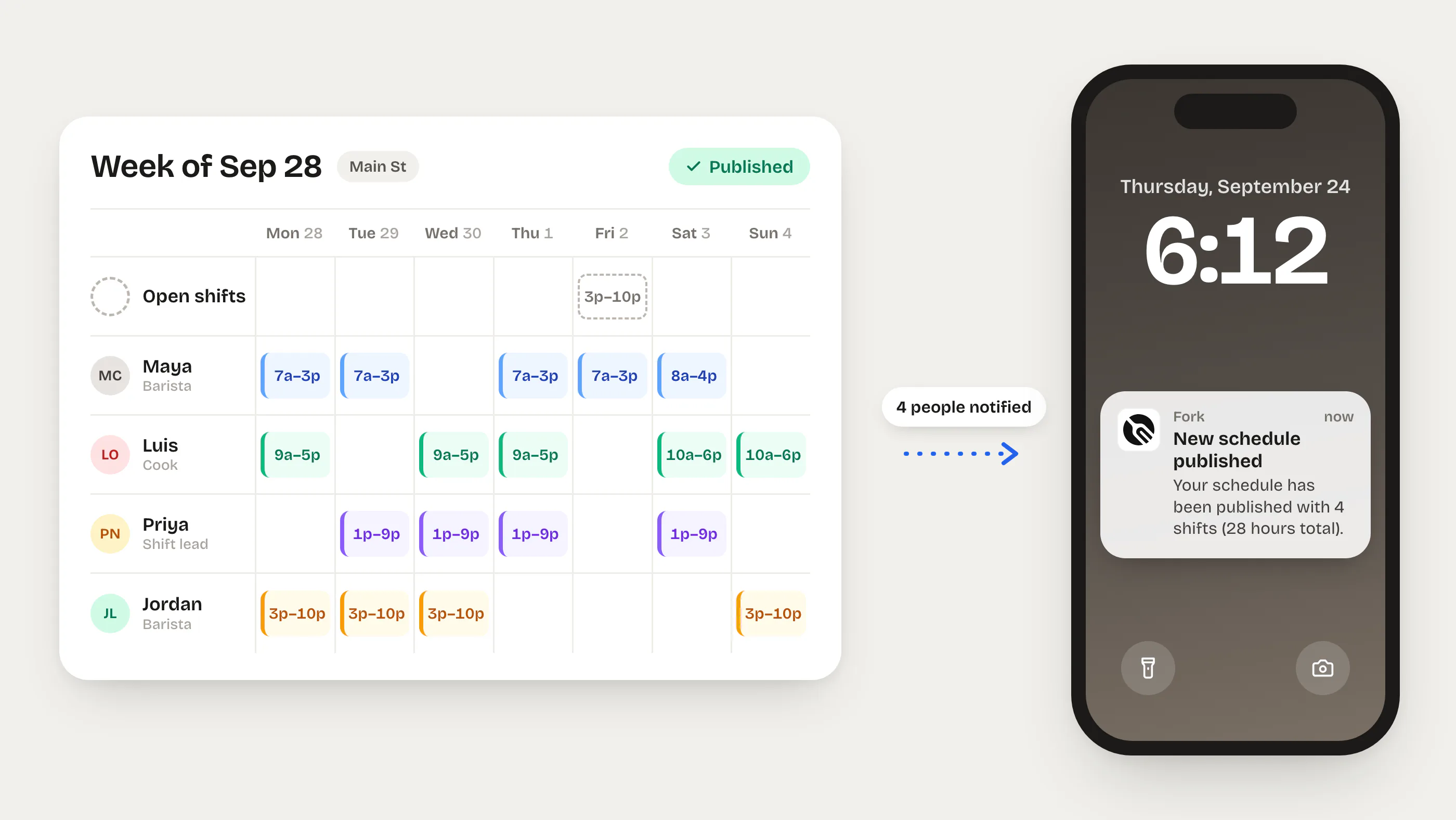 Illustration of the Main St schedule for the week of Sep 28, published with an open Friday close, and a phone lock screen showing the New schedule published notification