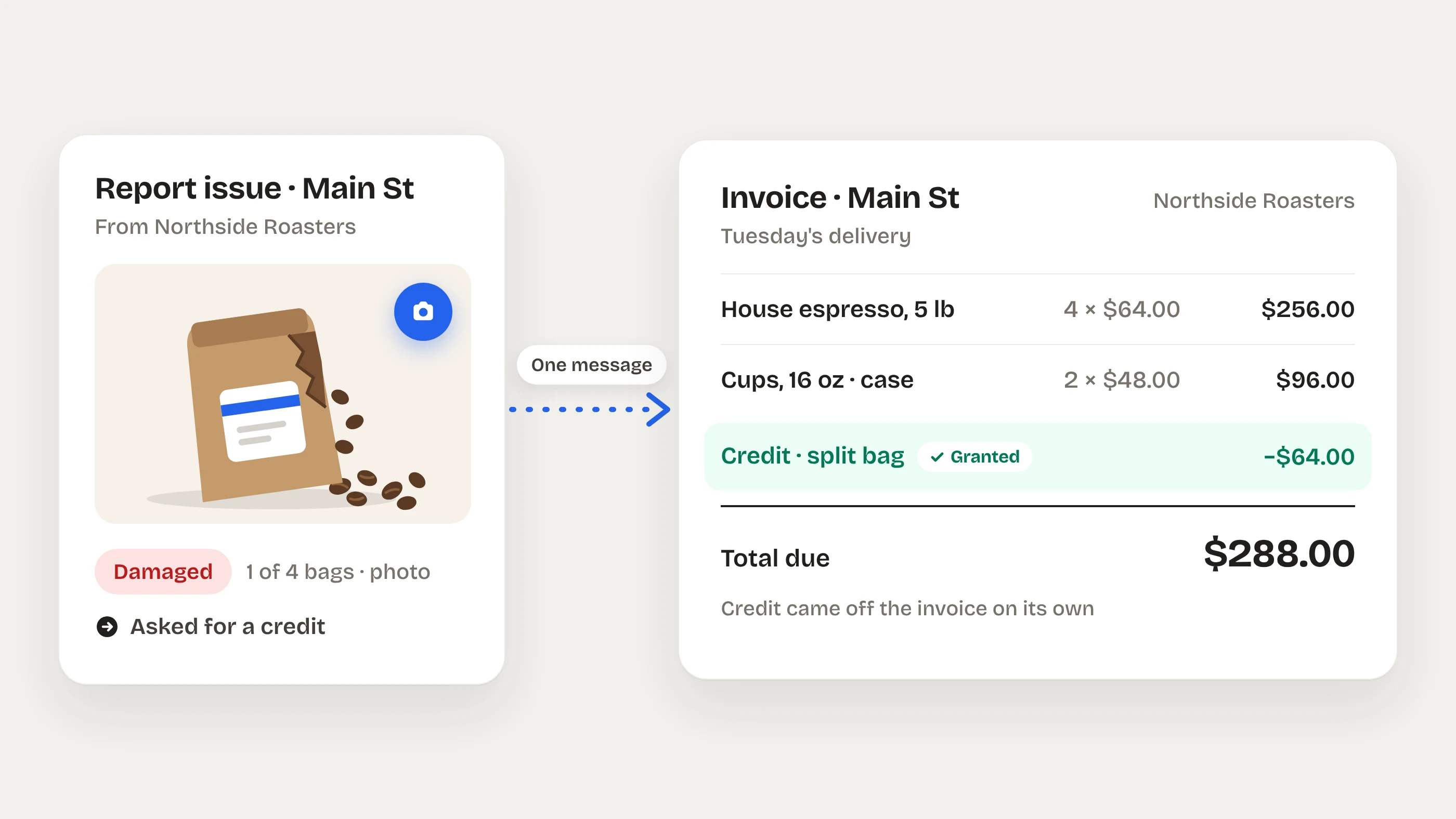 Illustration of a split coffee bag reported with a photo, and the invoice with a $64 credit applied
