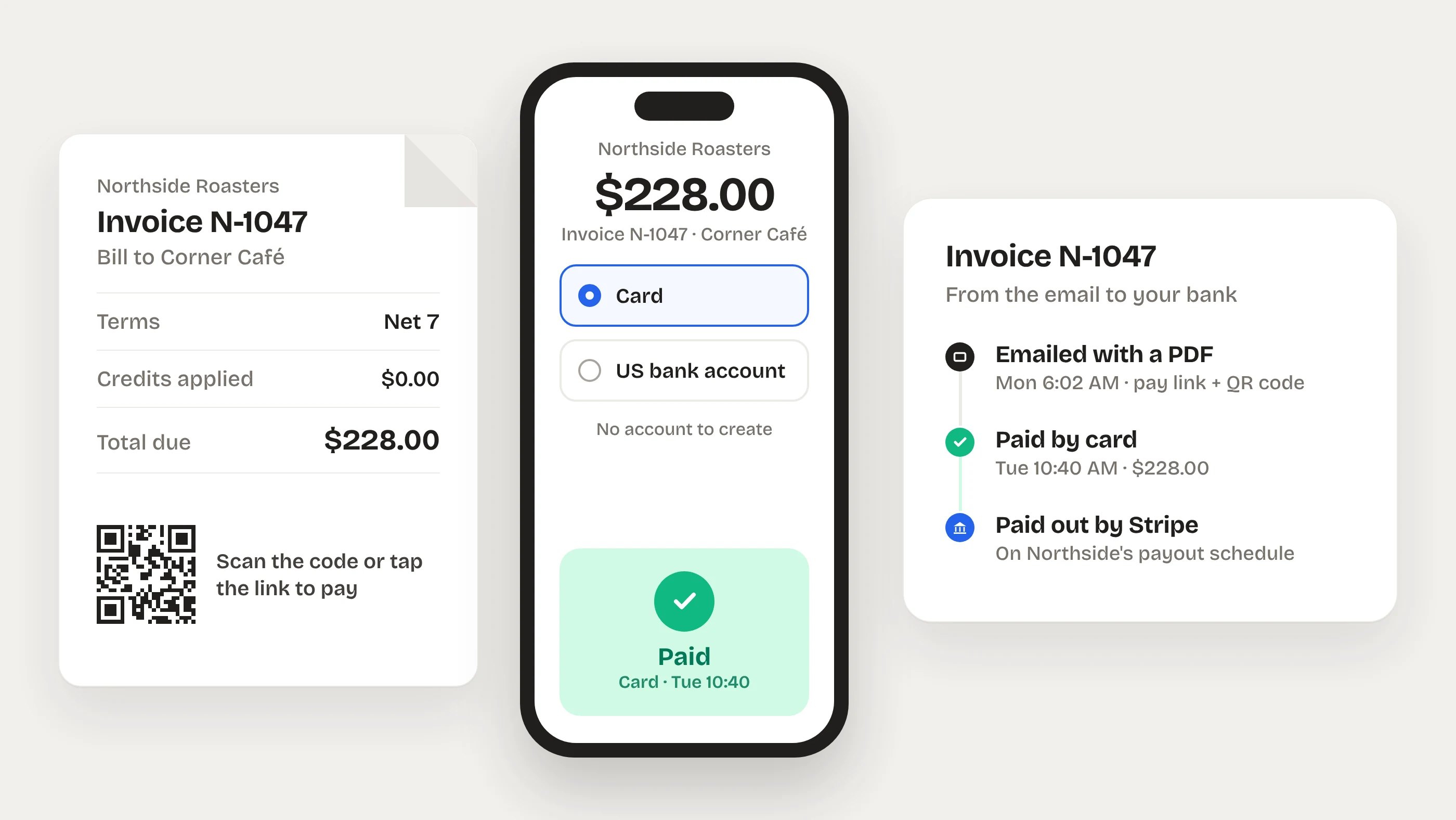 Illustration of an invoice with a QR code, a phone paying $228 by card, and the steps from the emailed invoice to the Stripe payout