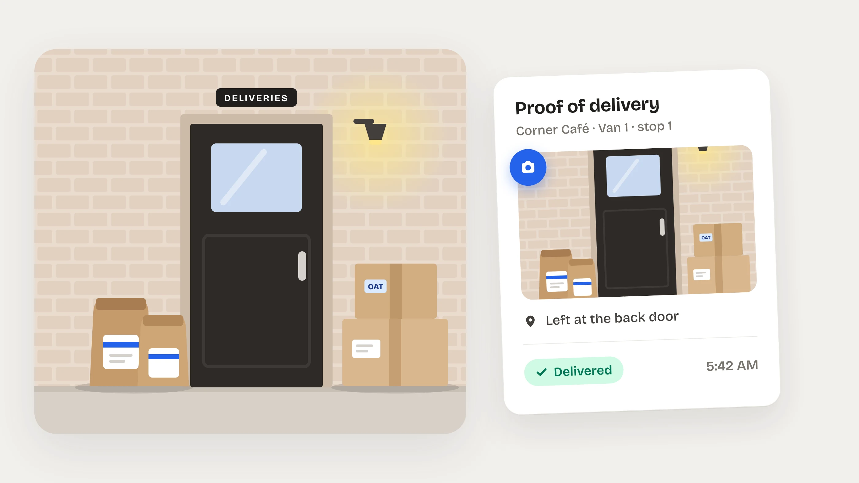 Illustration of coffee bags and boxes left at a café's back door, with a proof-of-delivery card showing the photo and Delivered at 5:42 AM