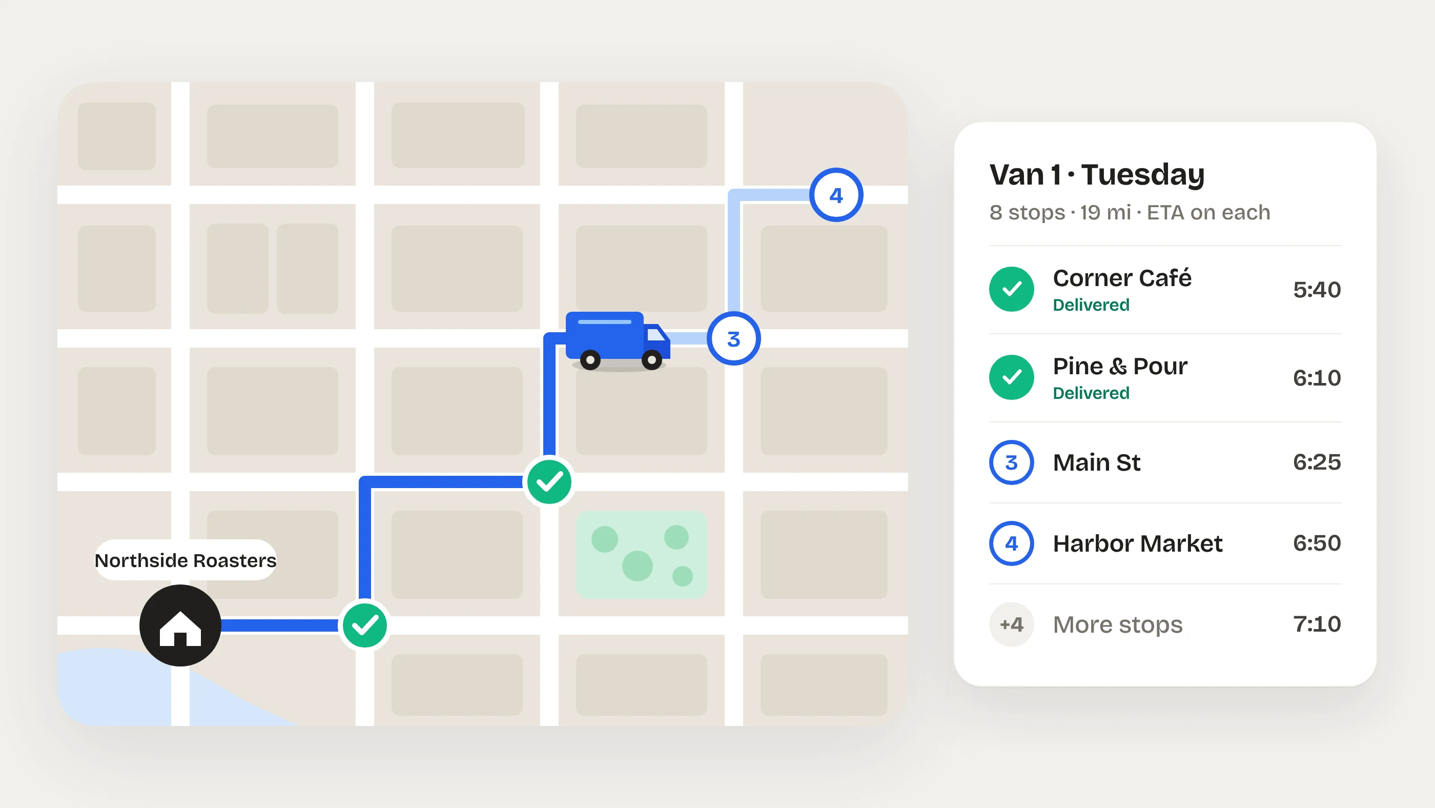 Illustration of a delivery route on a city map: two stops done, the van heading to stop 3, and a card listing each stop with its ETA