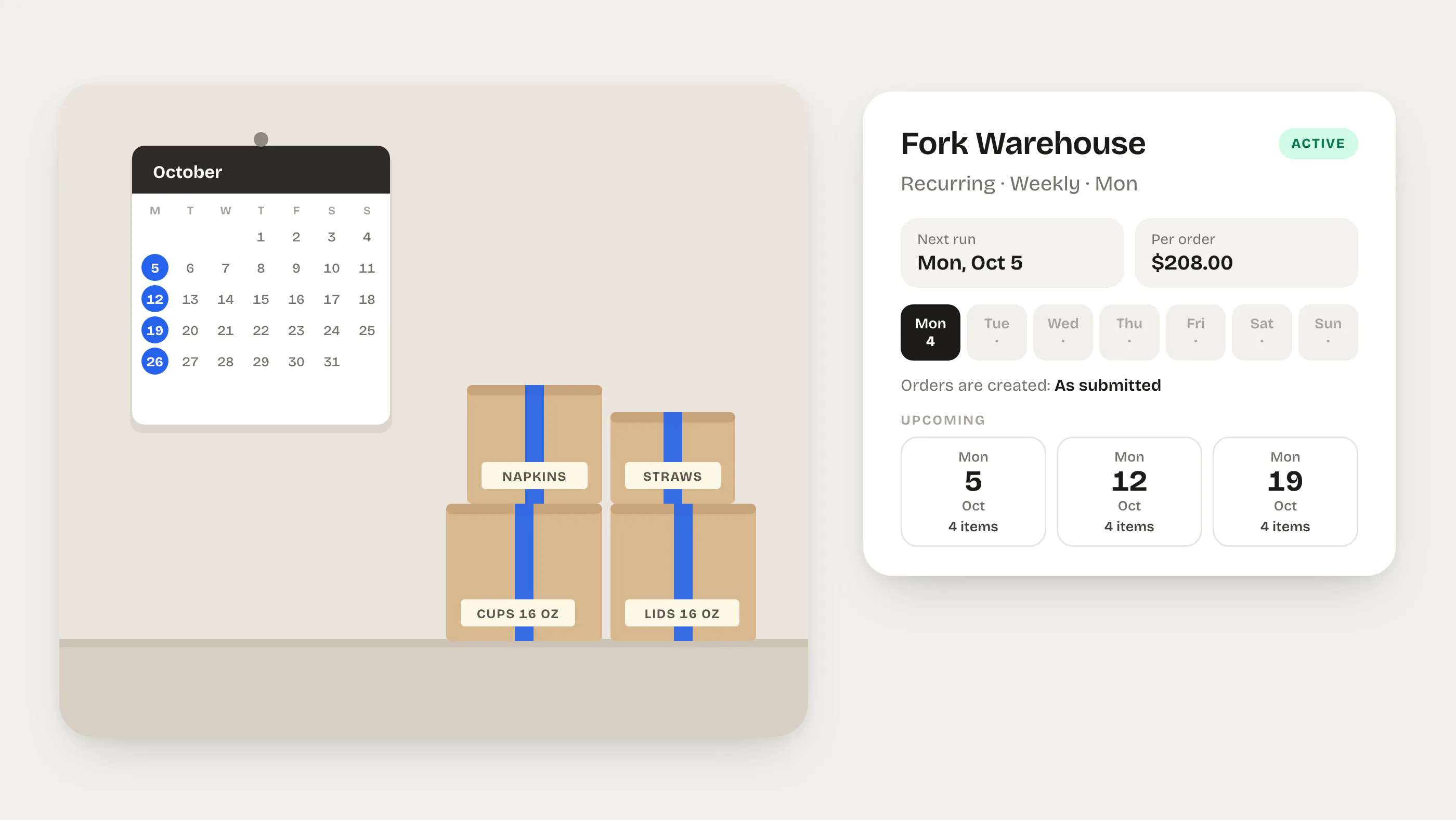 Illustration of a wall calendar with every Monday ringed and a stack of boxes, beside the recurring Fork Warehouse order with its next three runs
