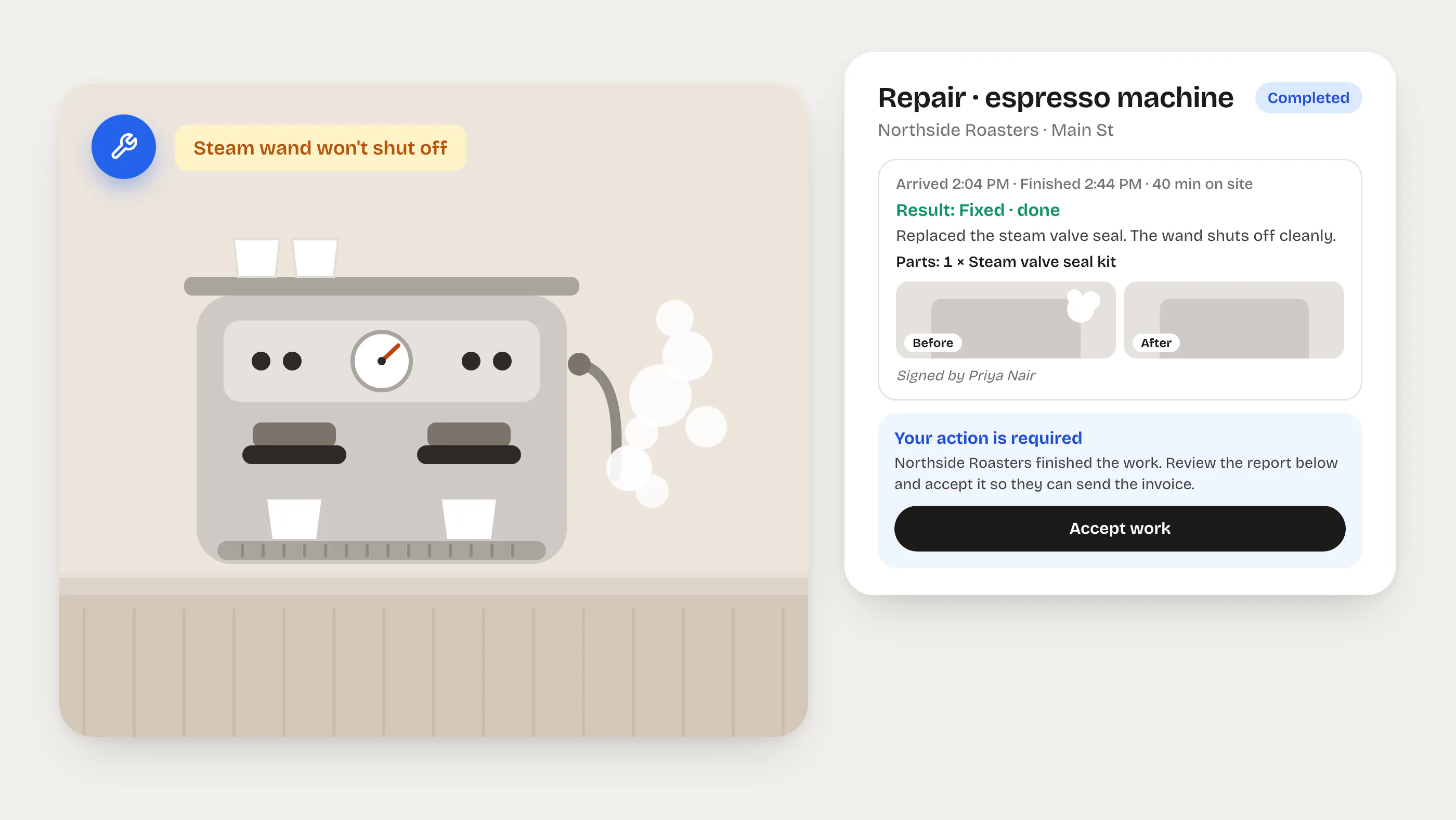 Illustration of an espresso machine with a steam wand that won't shut off, beside the finished visit report with parts, before and after photos and an Accept work button